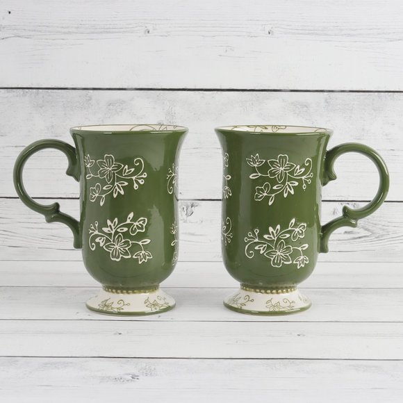 Floral Lace Green Tall Pedestal Mugs by Temp-Tations - Set of Two - Picture 11 of 11